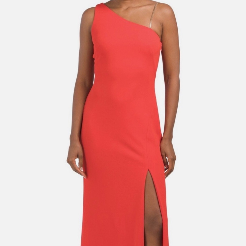Aidan Mattox One-Shoulder Red Gown with Gold Chain Details
